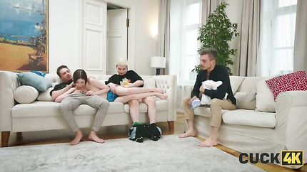 Margot Von Teese, Moon Imp, Steve Hardy - CUCK4K. Young Russian slut Margo Von Tease is fucked in double penetration in front of cuckold husband (2025 | SD)