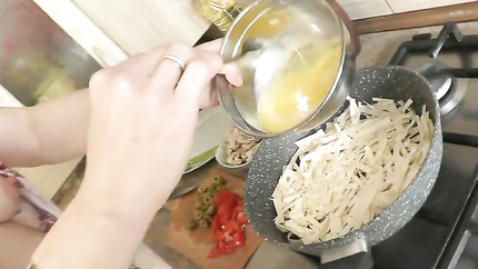 MILF wife continues cook naked without panties and bra in stockings high heels. Clit Pussy. Ass. Natural tits. Fetish. Solo Milf (2026 | SD)