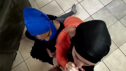 Two Muslim hijab woman on their knees sucking dick and getting their faces covered with cum (2026 | SD)